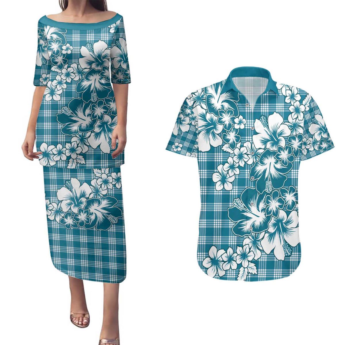 Hibiscus Pakala Ocean Depths Blue Couples Matching Puletasi and Hawaiian Shirt Tropical Floral Stylized - Polynesian Pride