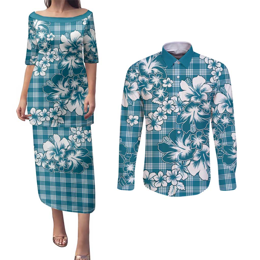 Hibiscus Pakala Ocean Depths Blue Couples Matching Puletasi and Long Sleeve Button Shirt Tropical Floral Stylized - Polynesian Pride