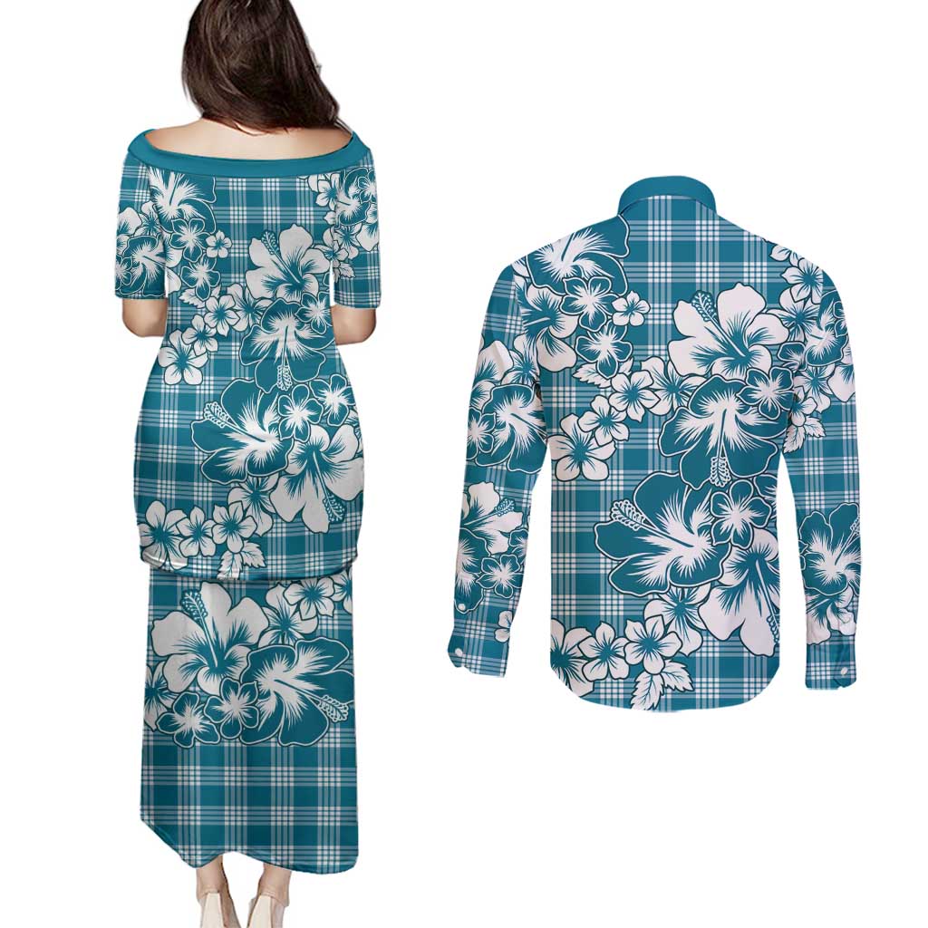 Hibiscus Pakala Ocean Depths Blue Couples Matching Puletasi and Long Sleeve Button Shirt Tropical Floral Stylized - Polynesian Pride