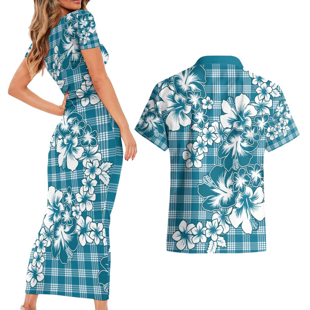 Hibiscus Pakala Ocean Depths Blue Couples Matching Short Sleeve Bodycon Dress and Hawaiian Shirt Tropical Floral Stylized - Polynesian Pride