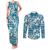 Hibiscus Pakala Ocean Depths Blue Couples Matching Tank Maxi Dress and Long Sleeve Button Shirt Tropical Floral Stylized - Polynesian Pride