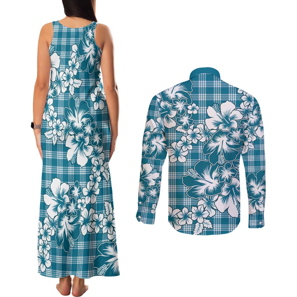 Hibiscus Pakala Ocean Depths Blue Couples Matching Tank Maxi Dress and Long Sleeve Button Shirt Tropical Floral Stylized - Polynesian Pride