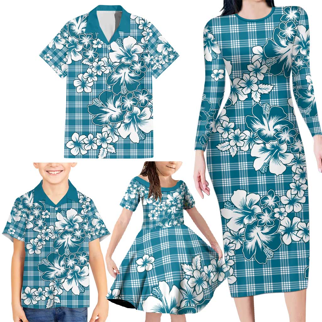Hibiscus Pakala Ocean Depths Blue Family Matching Long Sleeve Bodycon Dress and Hawaiian Shirt Tropical Floral Stylized LT01 - Polynesian Pride