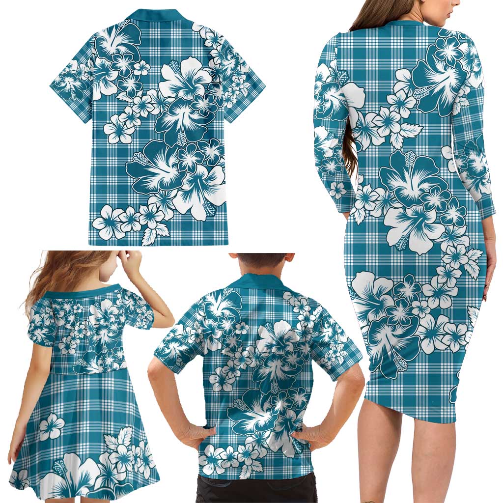 Hibiscus Pakala Ocean Depths Blue Family Matching Long Sleeve Bodycon Dress and Hawaiian Shirt Tropical Floral Stylized LT01 - Polynesian Pride
