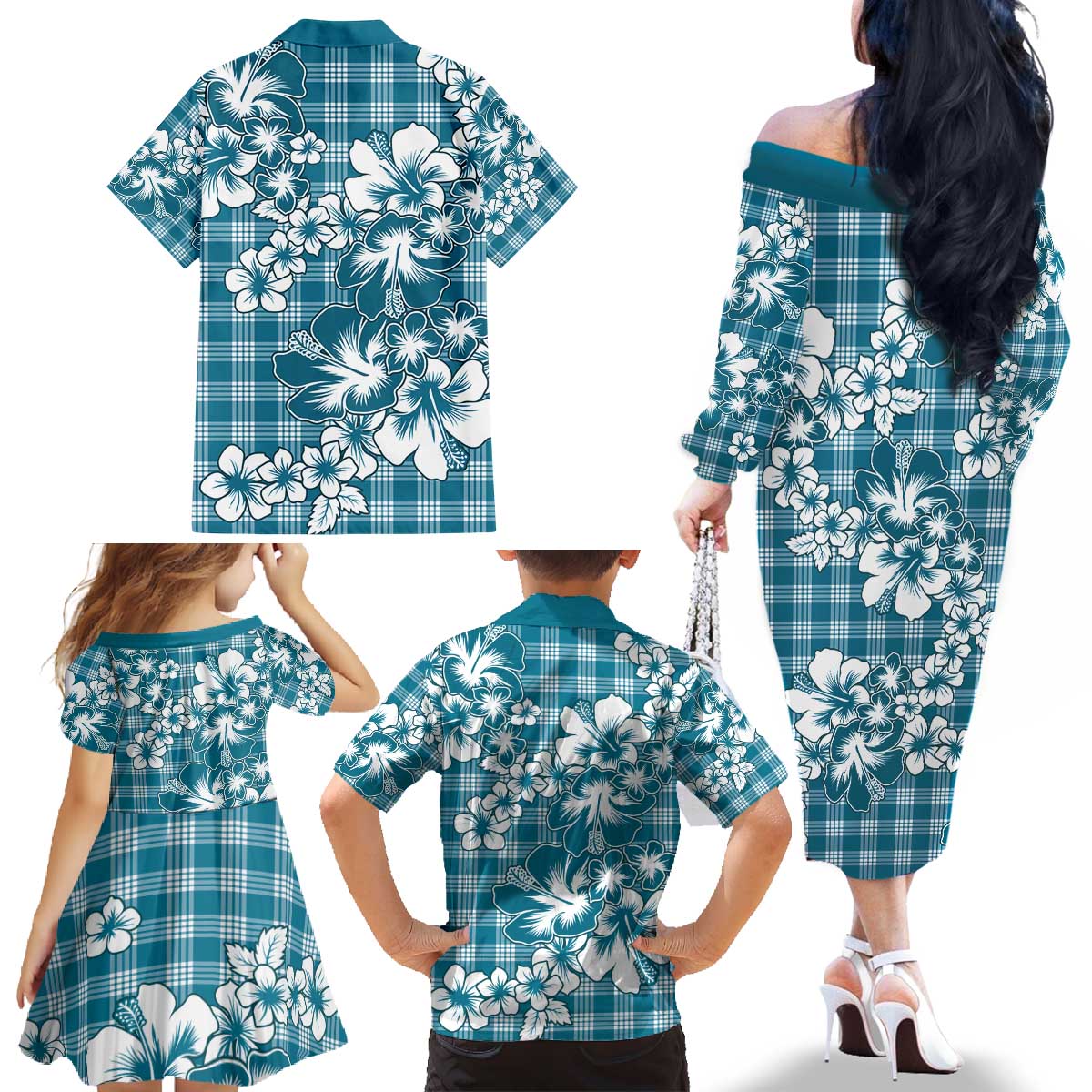 Hibiscus Pakala Ocean Depths Blue Family Matching Off The Shoulder Long Sleeve Dress and Hawaiian Shirt Tropical Floral Stylized LT01 - Polynesian Pride