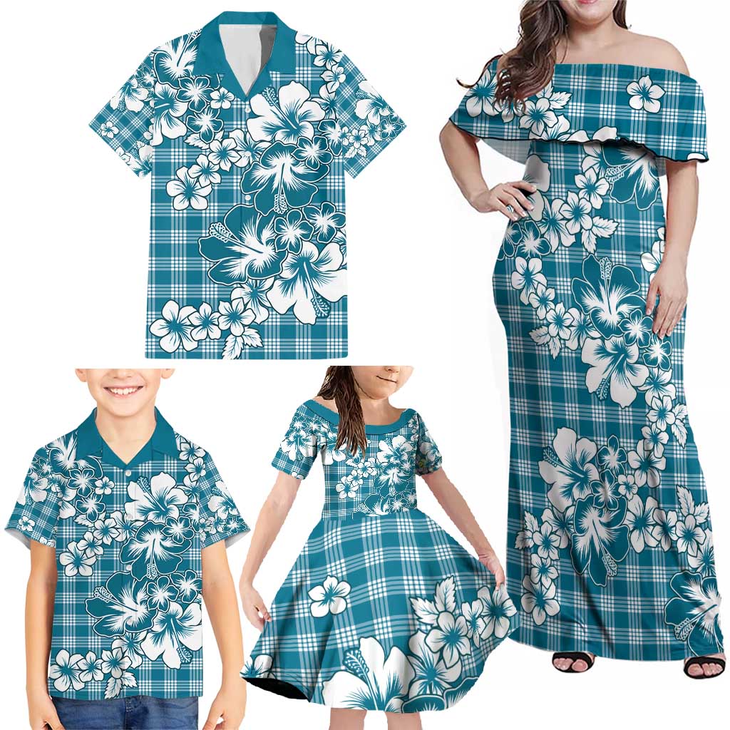 Hibiscus Pakala Ocean Depths Blue Family Matching Off Shoulder Maxi Dress and Hawaiian Shirt Tropical Floral Stylized LT01 - Polynesian Pride