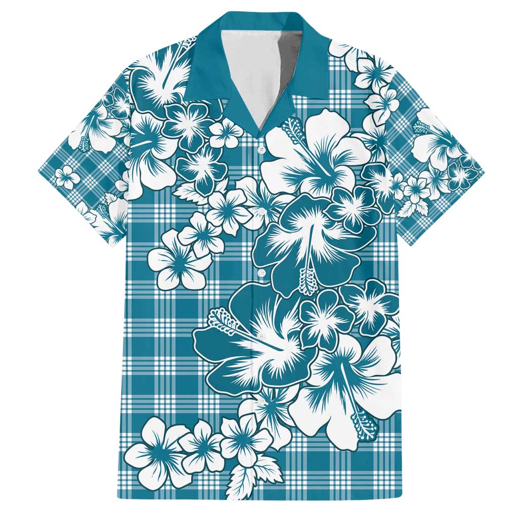 Hibiscus Pakala Ocean Depths Blue Family Matching Off Shoulder Maxi Dress and Hawaiian Shirt Tropical Floral Stylized LT01 Dad's Shirt - Short Sleeve Blue - Polynesian Pride