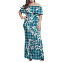 Hibiscus Pakala Ocean Depths Blue Family Matching Off Shoulder Maxi Dress and Hawaiian Shirt Tropical Floral Stylized LT01 Mom's Dress Blue - Polynesian Pride