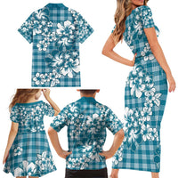 Hibiscus Pakala Ocean Depths Blue Family Matching Short Sleeve Bodycon Dress and Hawaiian Shirt Tropical Floral Stylized LT01 - Polynesian Pride