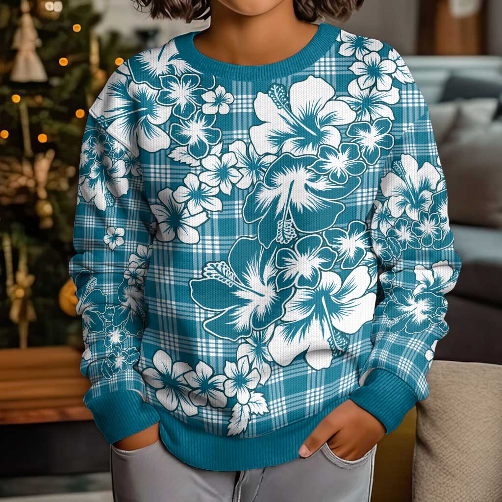 Hibiscus Pakala Ocean Depths Blue Kid Ugly Christmas Sweater Tropical Floral Stylized LT01 - Polynesian Pride