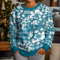 Hibiscus Pakala Ocean Depths Blue Kid Ugly Christmas Sweater Tropical Floral Stylized LT01 - Polynesian Pride
