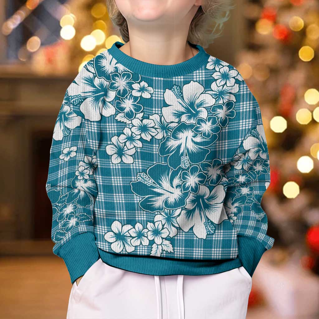 Hibiscus Pakala Ocean Depths Blue Kid Ugly Christmas Sweater Tropical Floral Stylized LT01 - Polynesian Pride