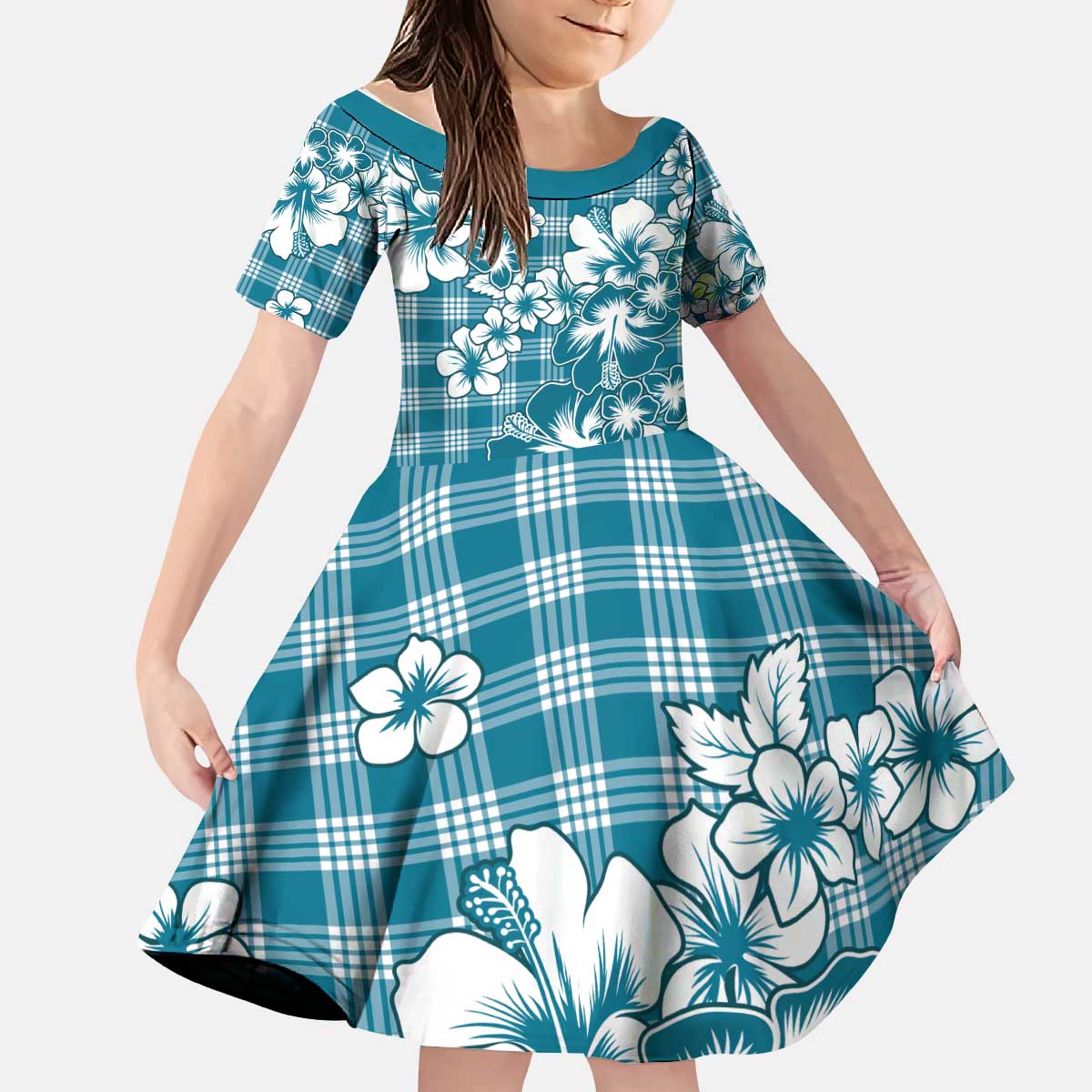 Hibiscus Pakala Ocean Depths Blue Kid Short Sleeve Dress Tropical Floral Stylized - Polynesian Pride