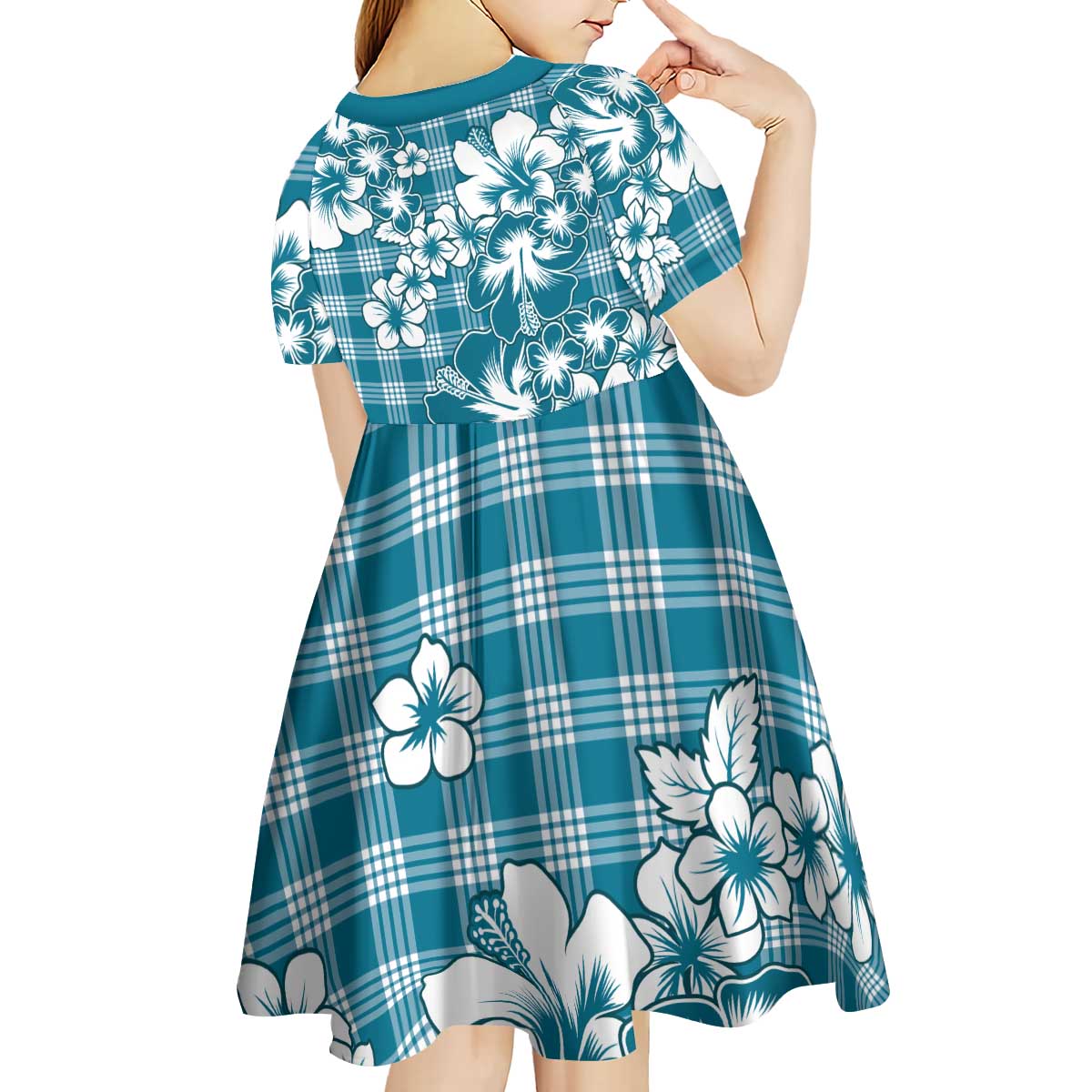 Hibiscus Pakala Ocean Depths Blue Kid Short Sleeve Dress Tropical Floral Stylized - Polynesian Pride