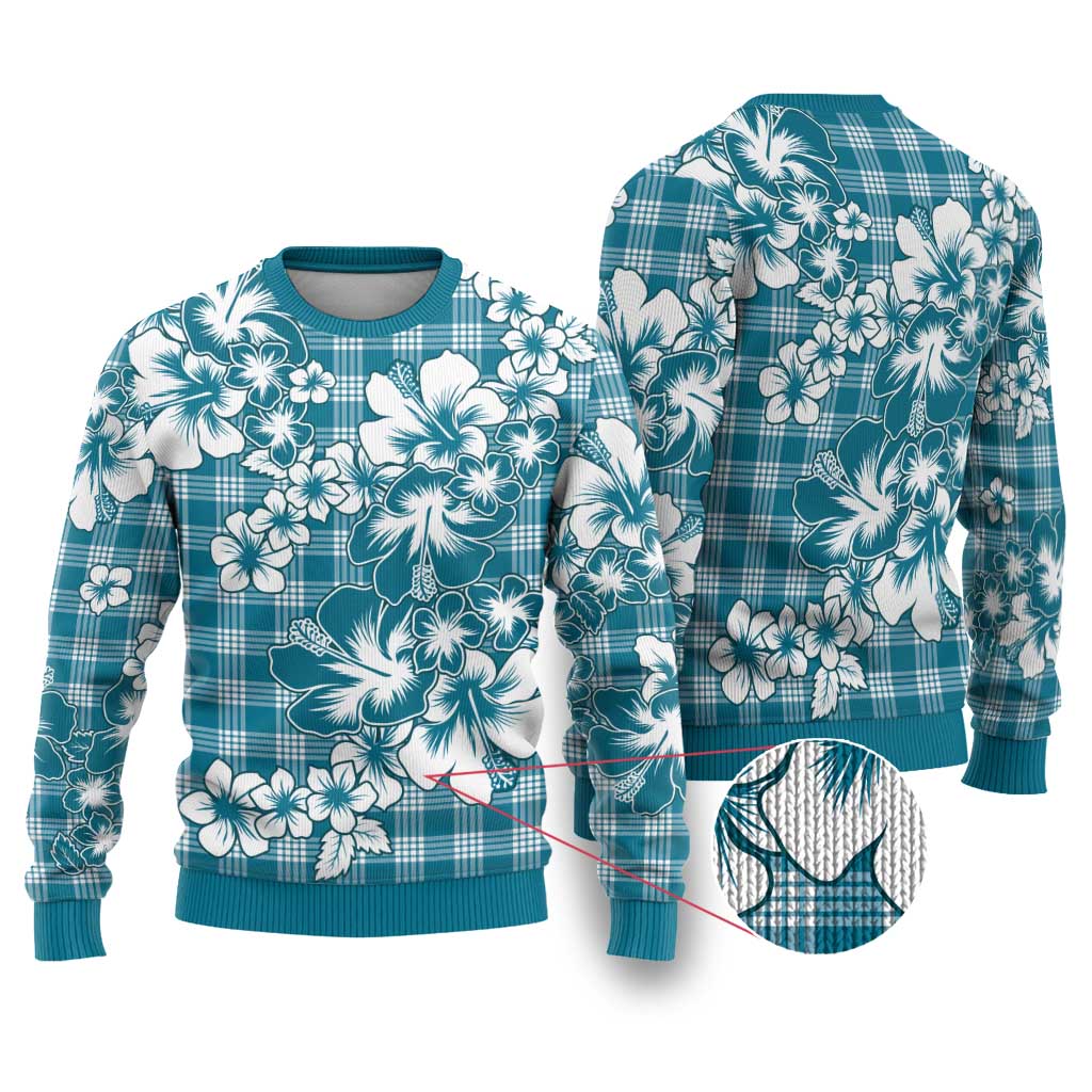 Hibiscus Pakala Ocean Depths Blue Ugly Christmas Sweater Tropical Floral Stylized - Polynesian Pride