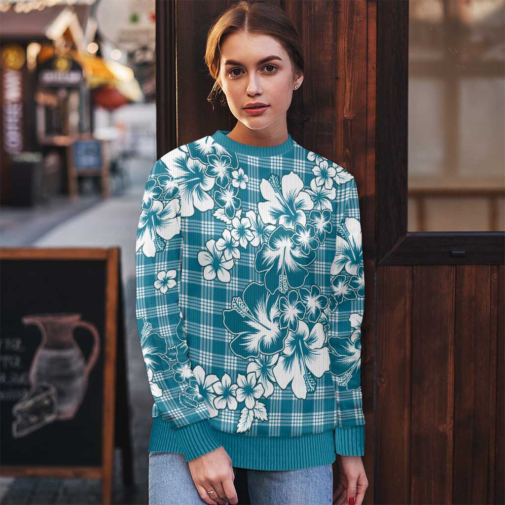 Hibiscus Pakala Ocean Depths Blue Ugly Christmas Sweater Tropical Floral Stylized - Polynesian Pride