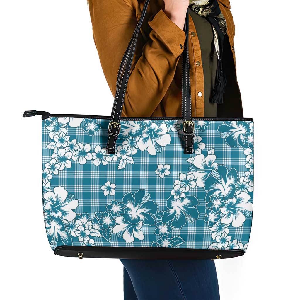 Hibiscus Pakala Ocean Depths Blue Leather Tote Bag Tropical Floral Stylized LT01 - Polynesian Pride