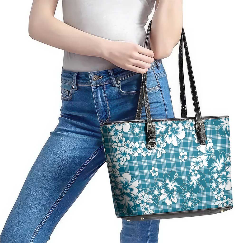 Hibiscus Pakala Ocean Depths Blue Leather Tote Bag Tropical Floral Stylized LT01 - Polynesian Pride
