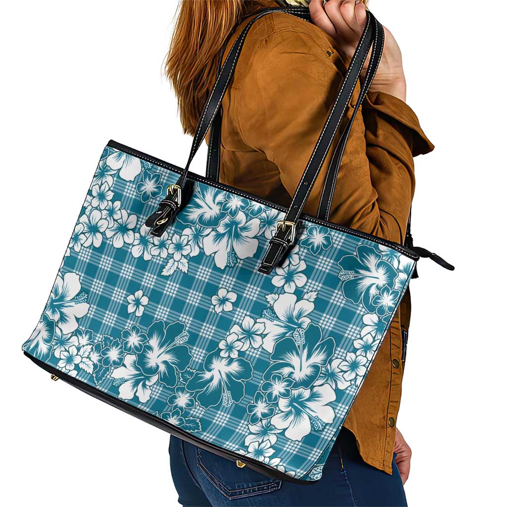 Hibiscus Pakala Ocean Depths Blue Leather Tote Bag Tropical Floral Stylized LT01 - Polynesian Pride