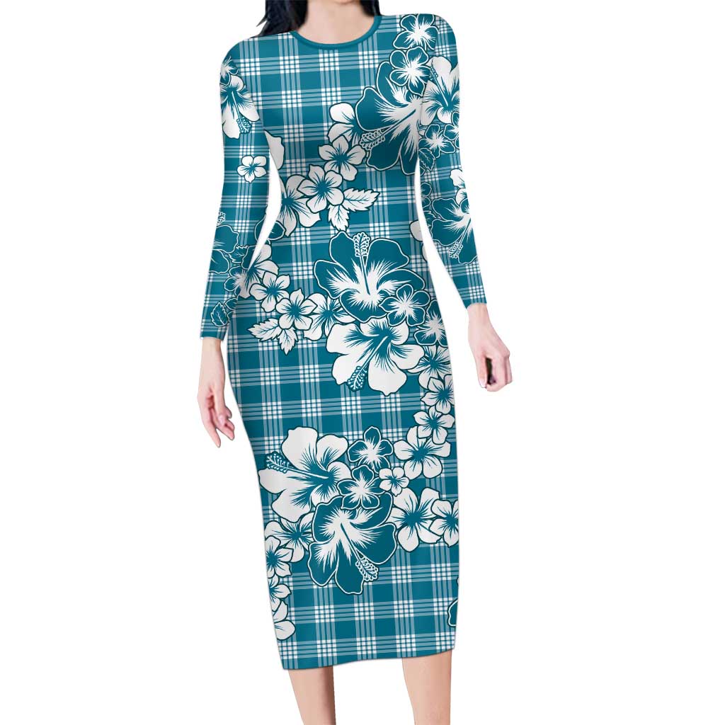 Hibiscus Pakala Ocean Depths Blue Long Sleeve Bodycon Dress Tropical Floral Stylized LT01 Long Dress Blue - Polynesian Pride