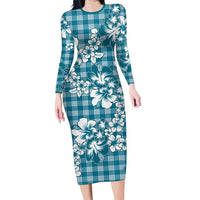 Hibiscus Pakala Ocean Depths Blue Long Sleeve Bodycon Dress Tropical Floral Stylized - Polynesian Pride