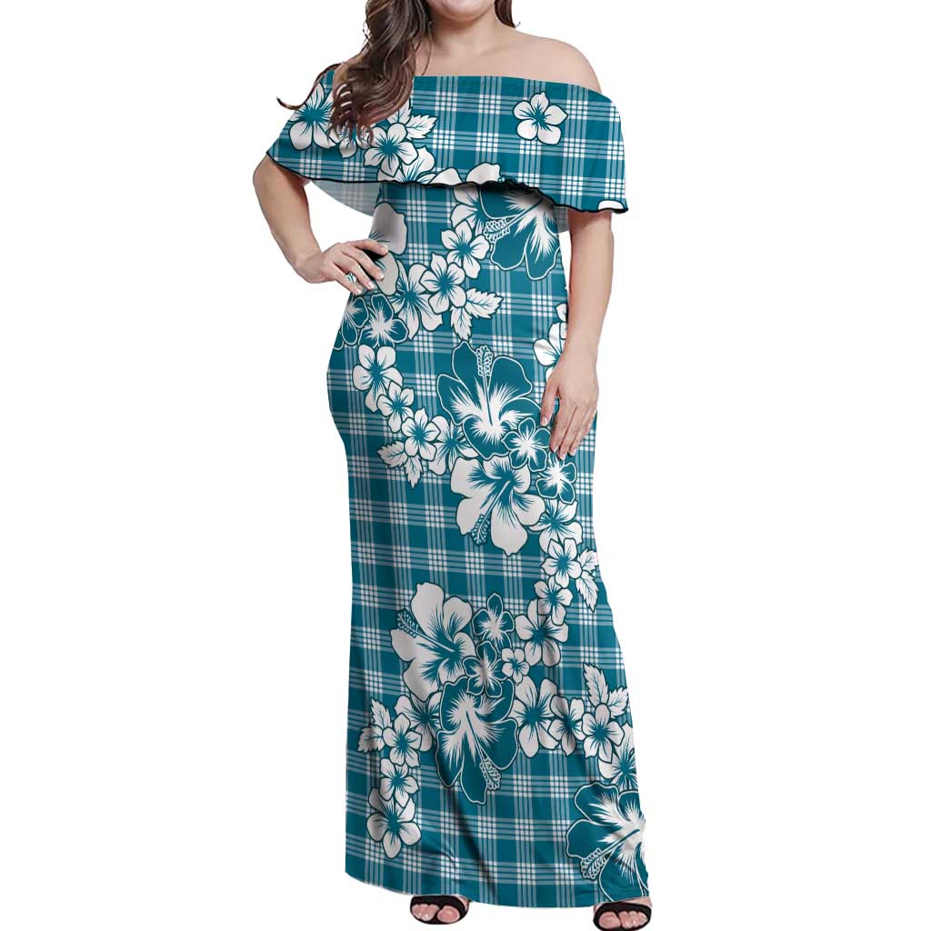 Hibiscus Pakala Ocean Depths Blue Off Shoulder Maxi Dress Tropical Floral Stylized LT01 Women Blue - Polynesian Pride