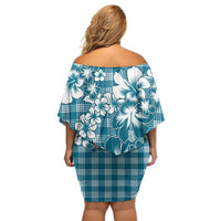 Hibiscus Pakala Ocean Depths Blue Off Shoulder Short Dress Tropical Floral Stylized - Polynesian Pride