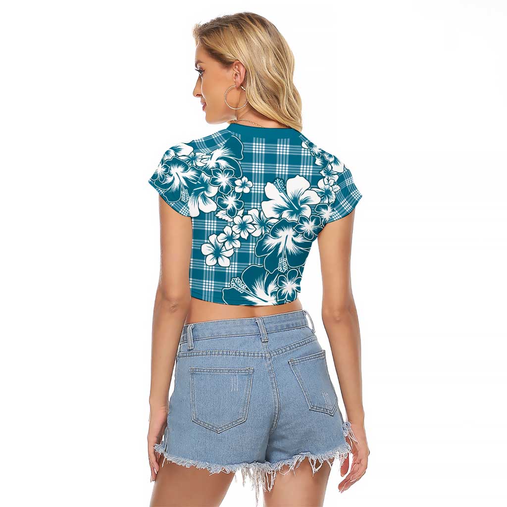 Hibiscus Pakala Ocean Depths Blue Raglan Cropped T Shirt Tropical Floral Stylized - Polynesian Pride
