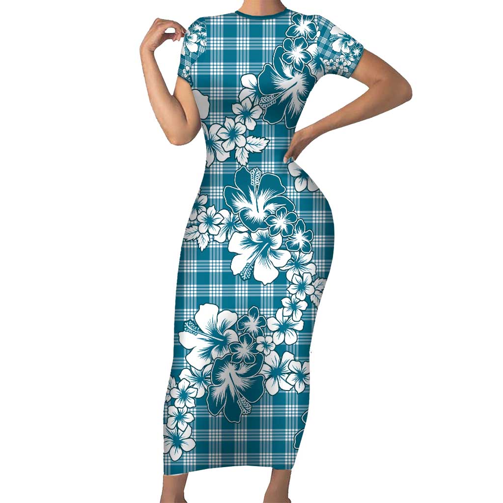 Hibiscus Pakala Ocean Depths Blue Short Sleeve Bodycon Dress Tropical Floral Stylized LT01 Long Dress Blue - Polynesian Pride