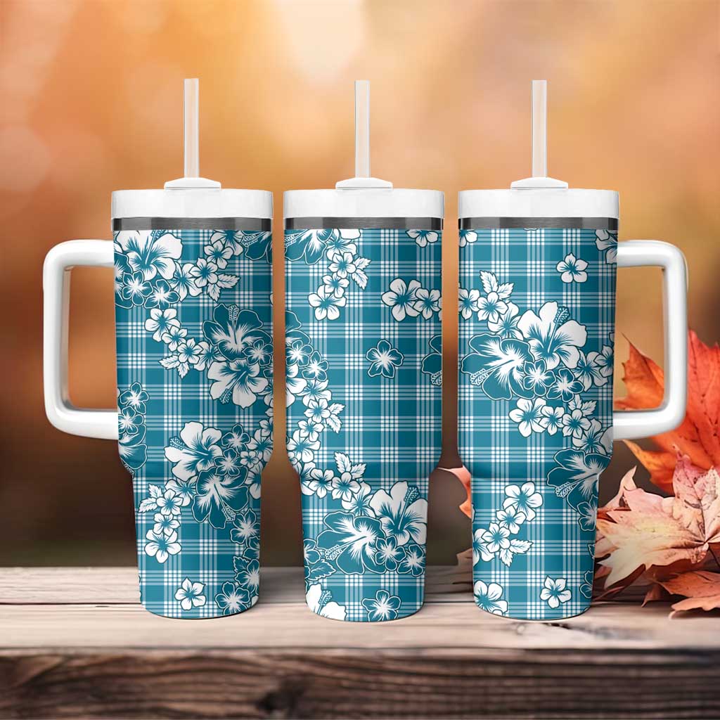 Hibiscus Pakala Ocean Depths Blue Tumbler With Handle Tropical Floral Stylized - Polynesian Pride