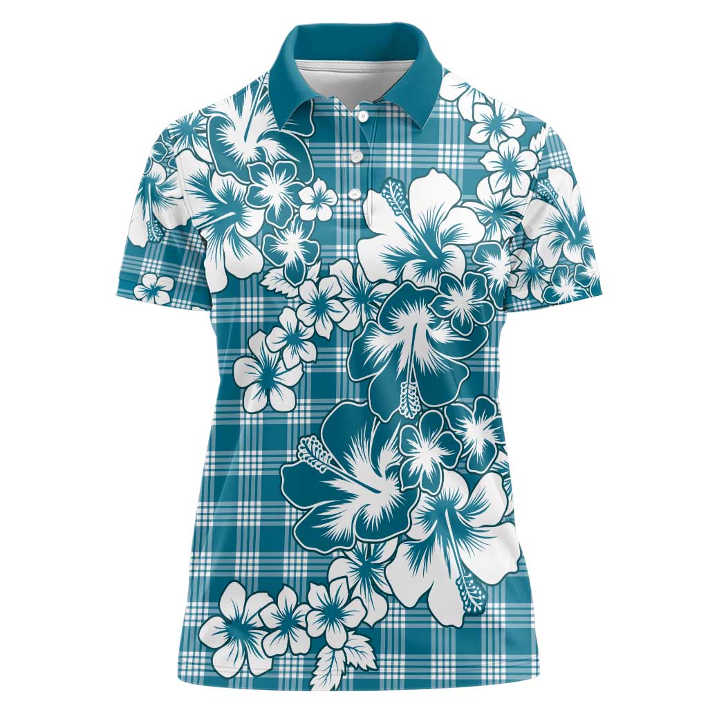Hibiscus Pakala Ocean Depths Blue Women Polo Shirt Tropical Floral Stylized LT01 Female Blue - Polynesian Pride