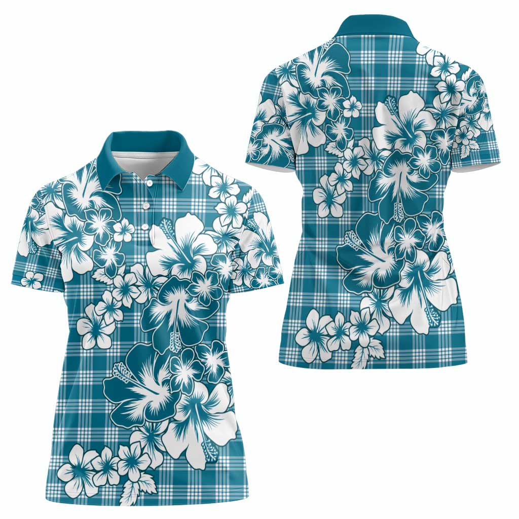 Hibiscus Pakala Ocean Depths Blue Women Polo Shirt Tropical Floral Stylized - Polynesian Pride