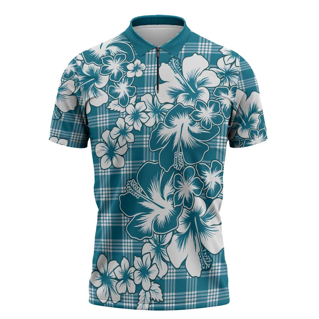 Hibiscus Pakala Ocean Depths Blue Zipper Polo Shirt Tropical Floral Stylized LT01 Blue - Polynesian Pride