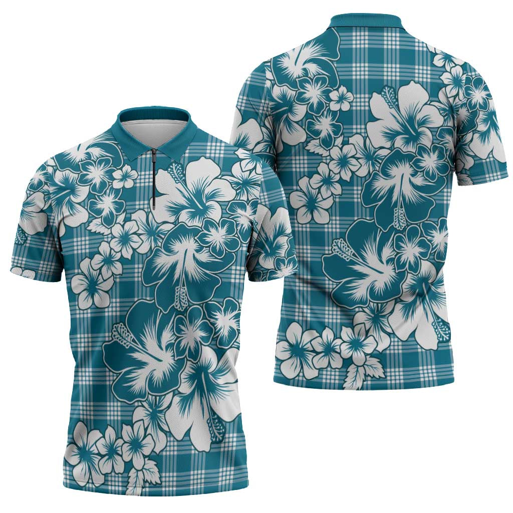 Hibiscus Pakala Ocean Depths Blue Zipper Polo Shirt Tropical Floral Stylized LT01 - Polynesian Pride