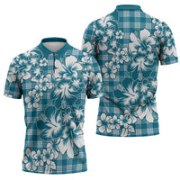 Hibiscus Pakala Ocean Depths Blue Zipper Polo Shirt Tropical Floral Stylized LT01 - Polynesian Pride
