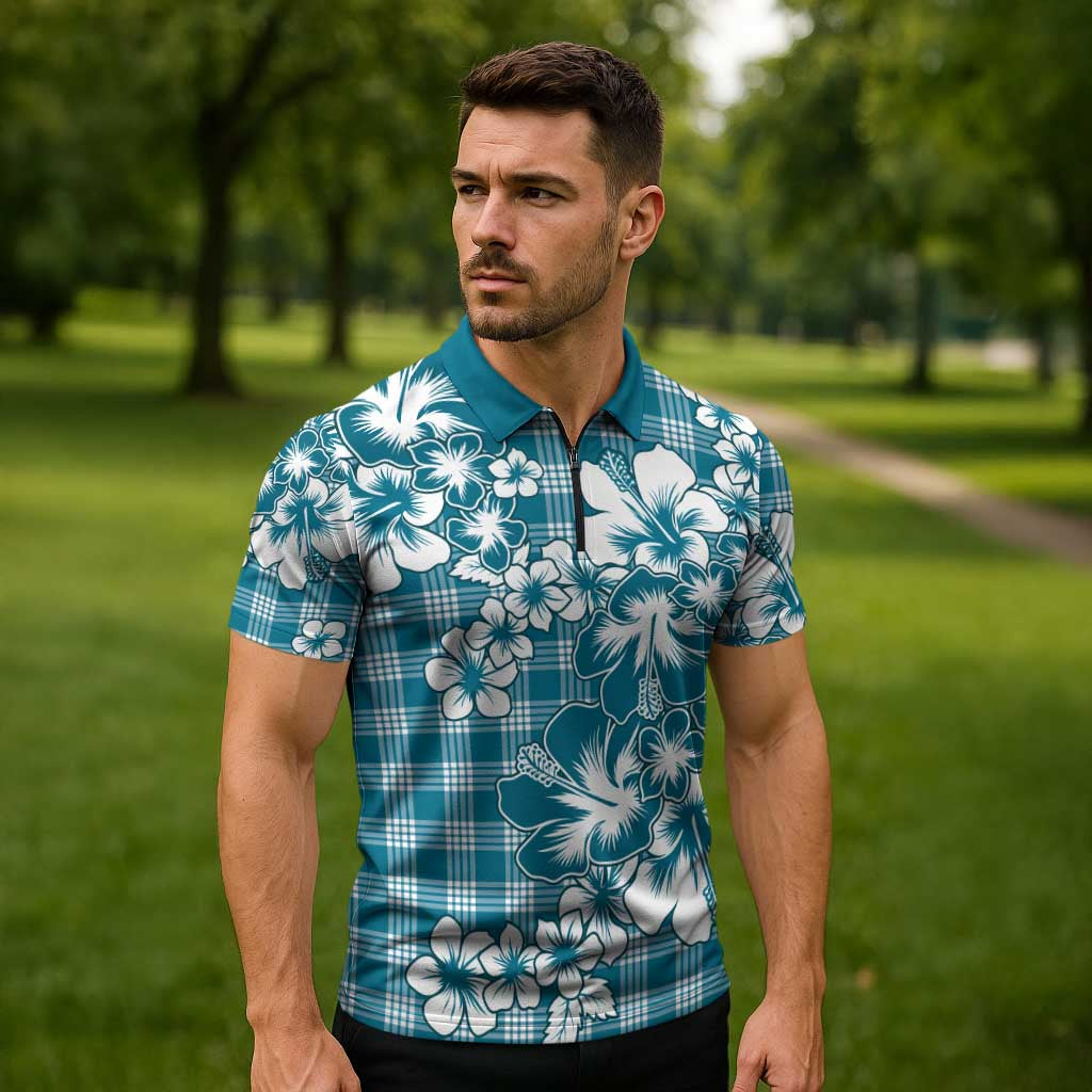 Hibiscus Pakala Ocean Depths Blue Zipper Polo Shirt Tropical Floral Stylized LT01 - Polynesian Pride