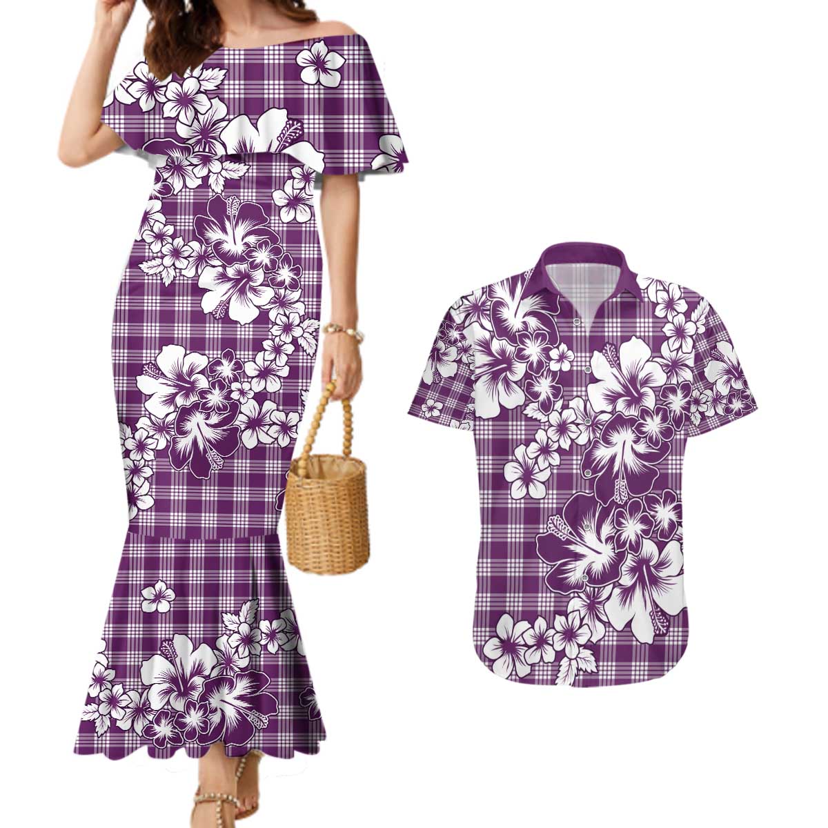 Hibiscus Pakala Sweetie Purple Couples Matching Mermaid Dress and Hawaiian Shirt Tropical Floral Stylized LT01 Purple - Polynesian Pride