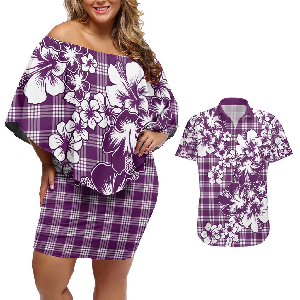 Hibiscus Pakala Sweetie Purple Couples Matching Off Shoulder Short Dress and Hawaiian Shirt Tropical Floral Stylized LT01 Purple - Polynesian Pride