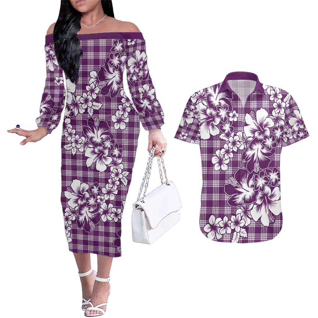 Hibiscus Pakala Sweetie Purple Couples Matching Off The Shoulder Long Sleeve Dress and Hawaiian Shirt Tropical Floral Stylized LT01 Purple - Polynesian Pride