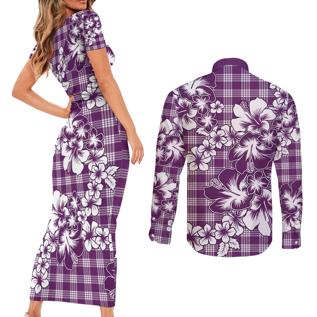 Hibiscus Pakala Sweetie Purple Couples Matching Short Sleeve Bodycon Dress and Long Sleeve Button Shirt Tropical Floral Stylized LT01 - Polynesian Pride