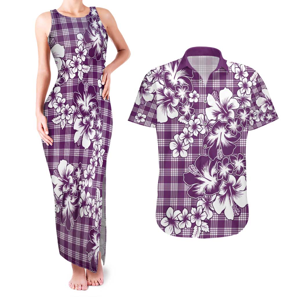 Hibiscus Pakala Sweetie Purple Couples Matching Tank Maxi Dress and Hawaiian Shirt Tropical Floral Stylized LT01 Purple - Polynesian Pride