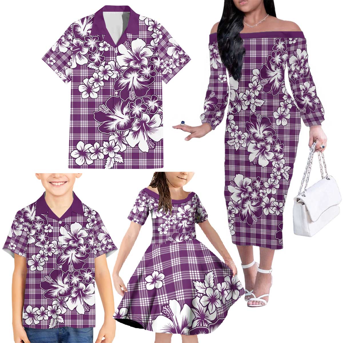 Hibiscus Pakala Sweetie Purple Family Matching Off The Shoulder Long Sleeve Dress and Hawaiian Shirt Tropical Floral Stylized LT01 - Polynesian Pride
