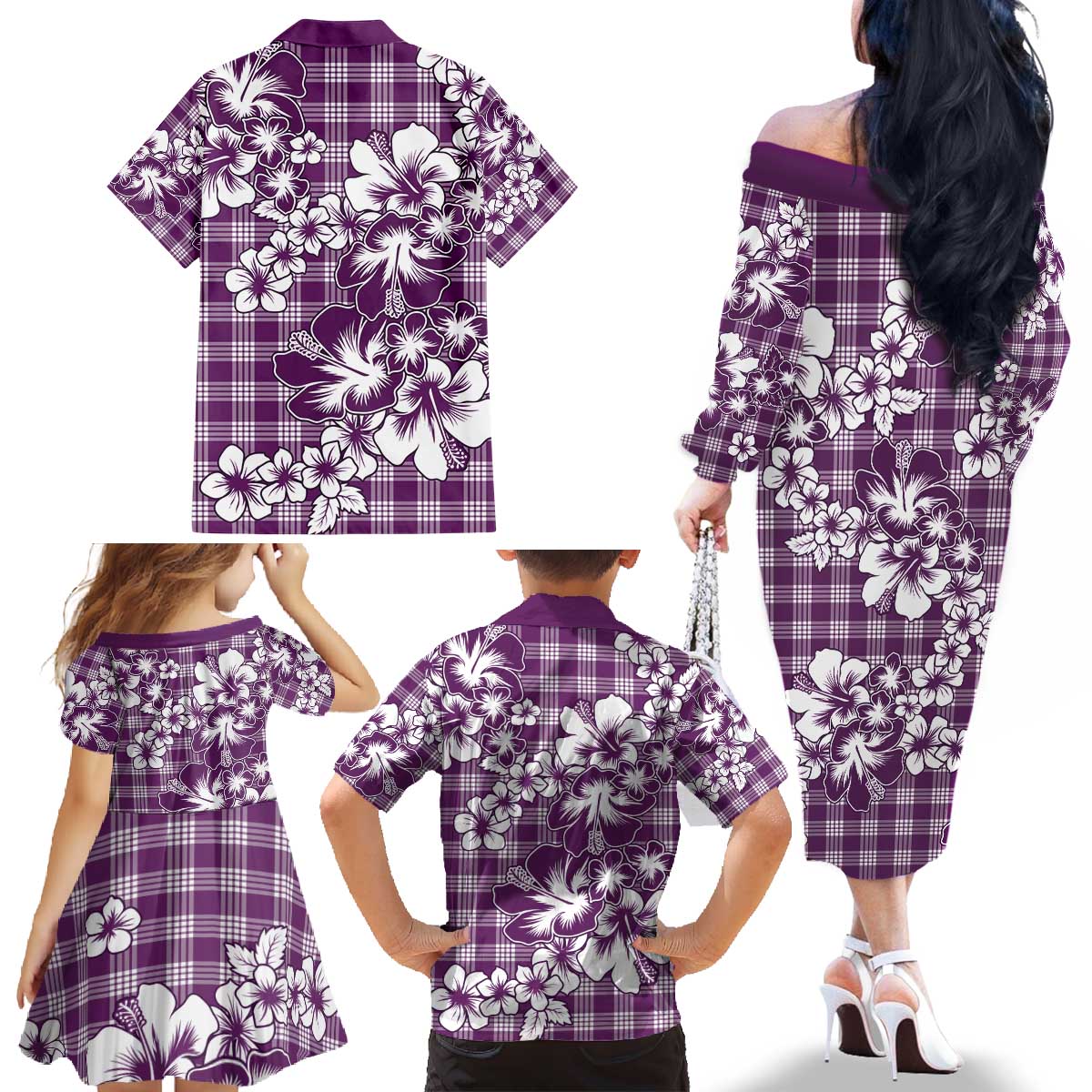 Hibiscus Pakala Sweetie Purple Family Matching Off The Shoulder Long Sleeve Dress and Hawaiian Shirt Tropical Floral Stylized LT01 - Polynesian Pride