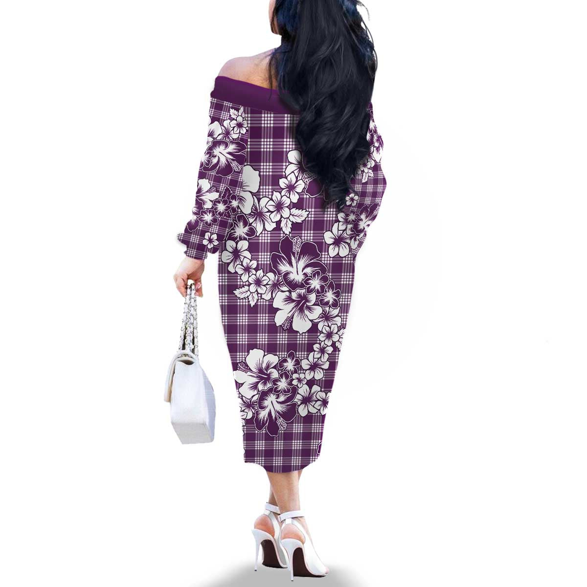 Hibiscus Pakala Sweetie Purple Family Matching Off The Shoulder Long Sleeve Dress and Hawaiian Shirt Tropical Floral Stylized LT01 - Polynesian Pride