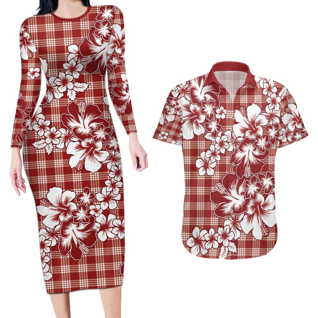 Hibiscus Pakala Fantasy Red Couples Matching Long Sleeve Bodycon Dress and Hawaiian Shirt Tropical Floral Stylized - Polynesian Pride