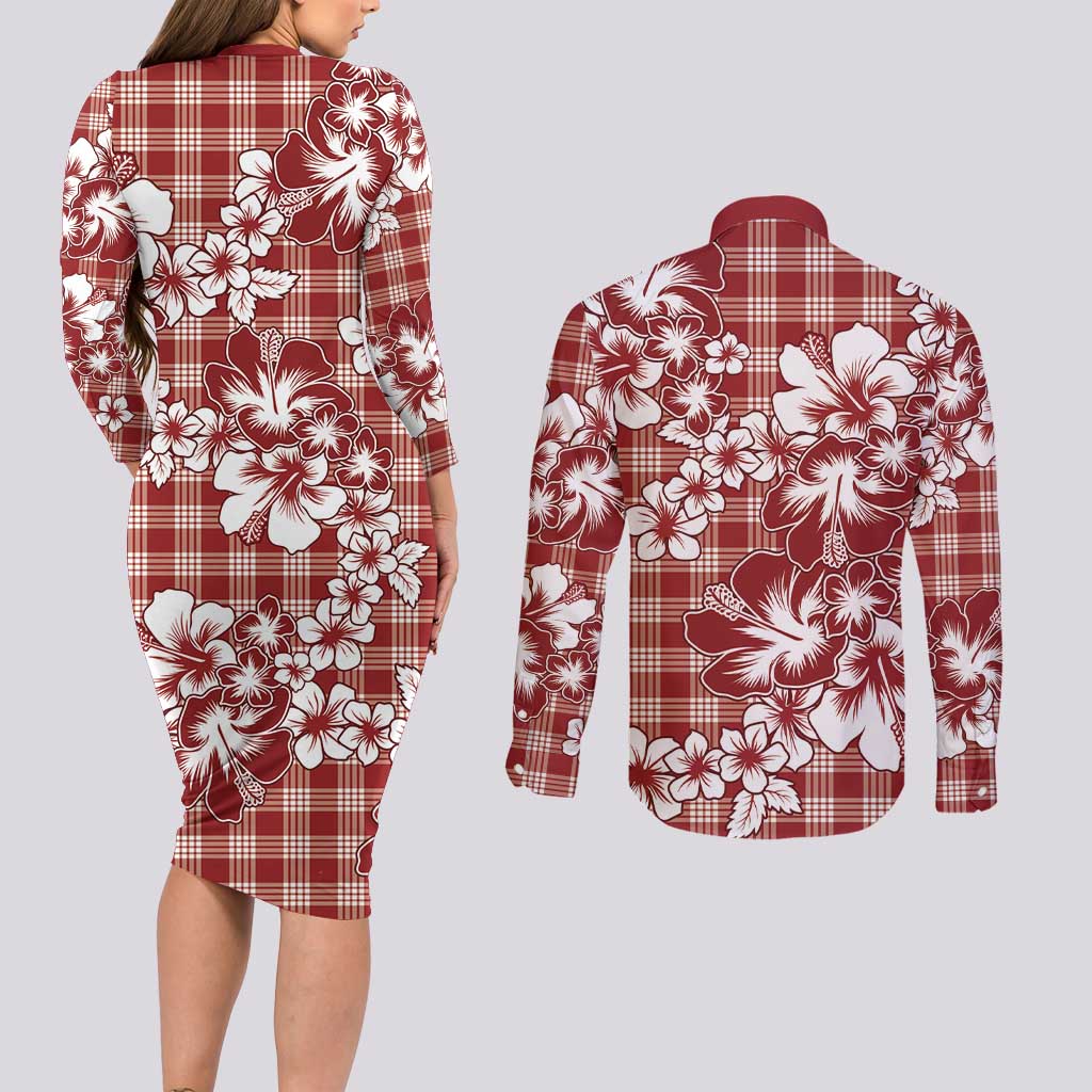 Hibiscus Pakala Fantasy Red Couples Matching Long Sleeve Bodycon Dress and Long Sleeve Button Shirt Tropical Floral Stylized - Polynesian Pride