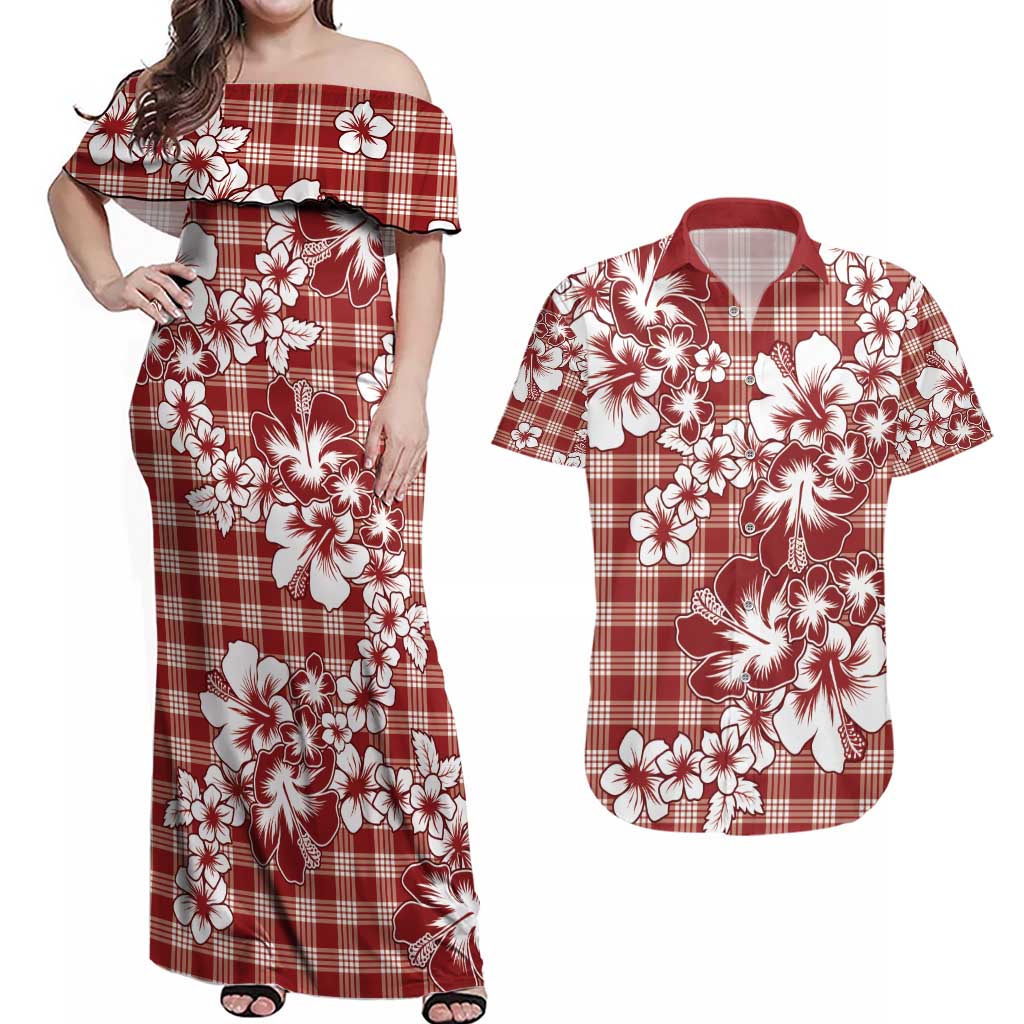 Hibiscus Pakala Fantasy Red Couples Matching Off Shoulder Maxi Dress and Hawaiian Shirt Tropical Floral Stylized - Polynesian Pride