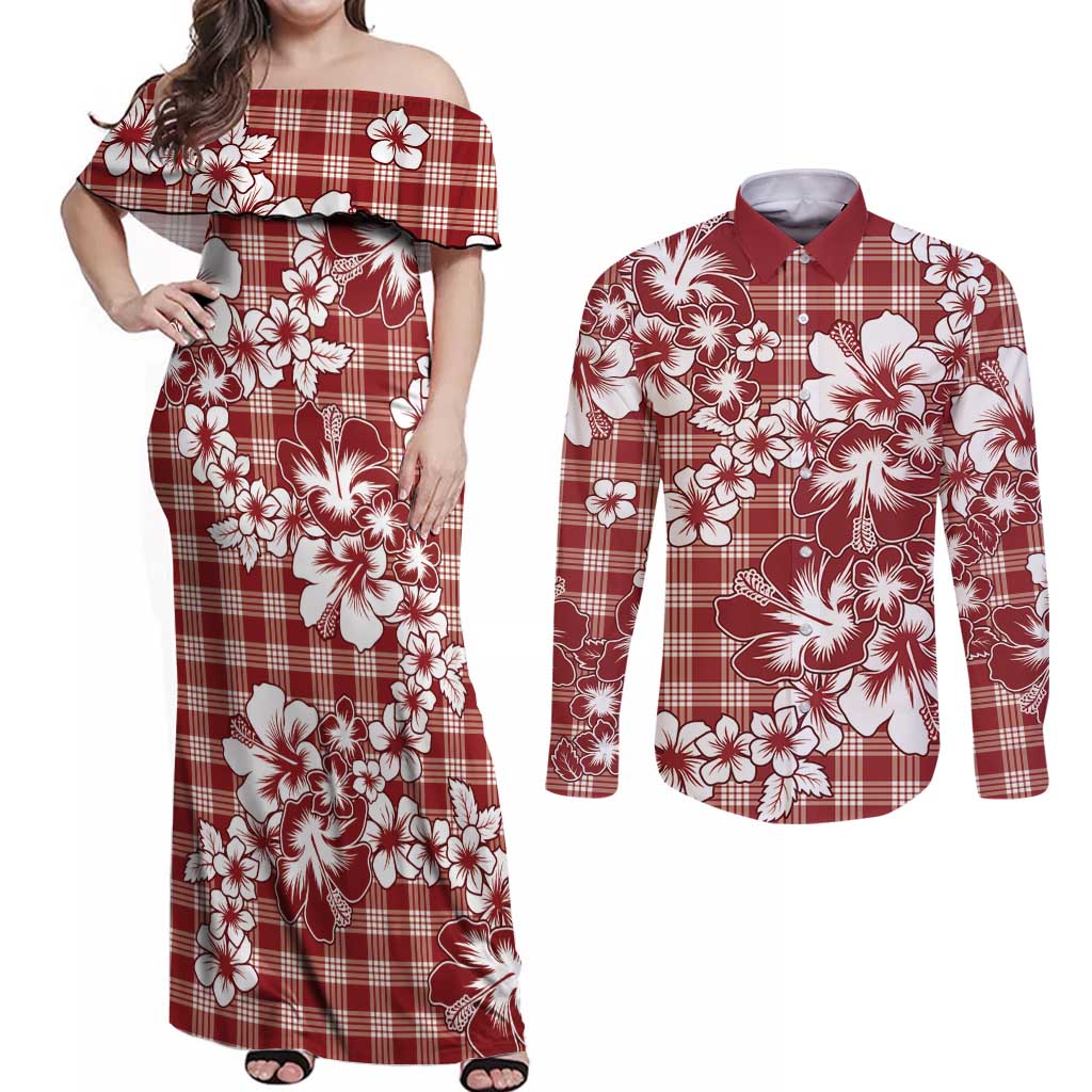 Hibiscus Pakala Fantasy Red Couples Matching Off Shoulder Maxi Dress and Long Sleeve Button Shirt Tropical Floral Stylized - Polynesian Pride