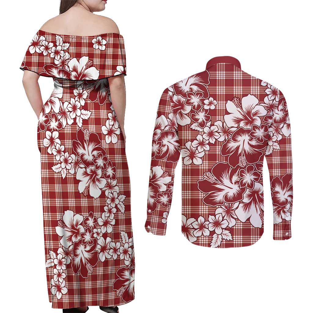 Hibiscus Pakala Fantasy Red Couples Matching Off Shoulder Maxi Dress and Long Sleeve Button Shirt Tropical Floral Stylized - Polynesian Pride