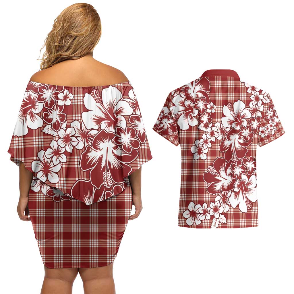 Hibiscus Pakala Fantasy Red Couples Matching Off Shoulder Short Dress and Hawaiian Shirt Tropical Floral Stylized - Polynesian Pride